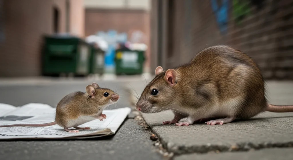 Odchody myszy: Duży szczur i mała mysz spotykają się na bruku w zaułku z pojemnikami na śmieci w tle.