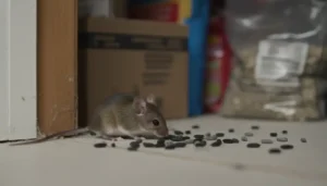 Odchody myszy obok szarej myszy jedzącej rozsypane granulki karmy na podłodze, z niewyraźnym tłem pudeł.