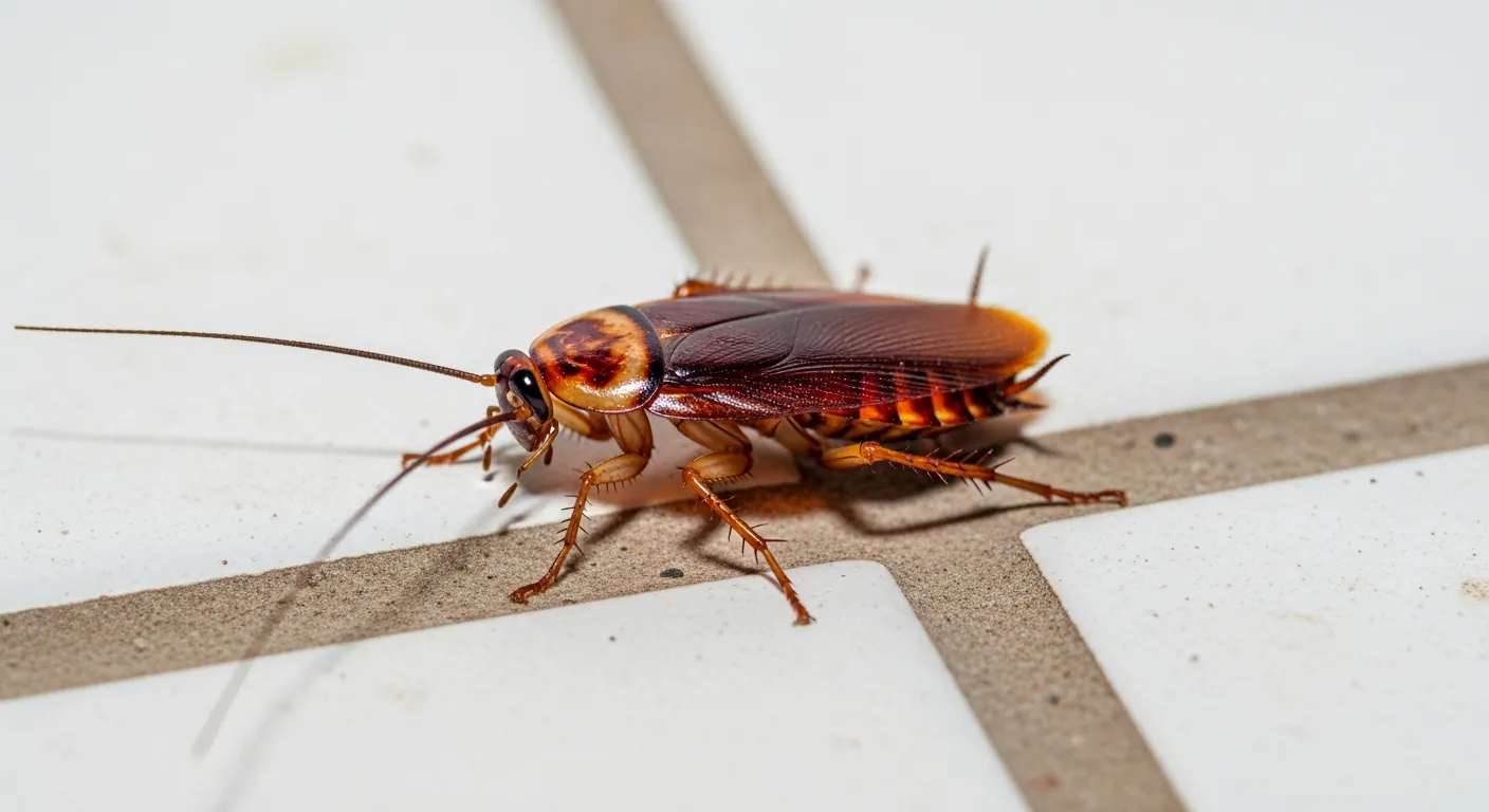 Prusak amerykański idzie po białych, kwadratowych płytkach podłogowych z brązowymi spoinami, widoczny z bliska.