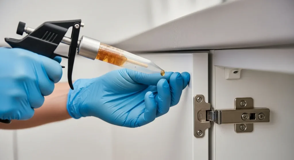 Usuwanie karaluchów metoda żelowa: Osoba w niebieskich rękawicach aplikuje żel z pistoletu do szpar w białej szafce.